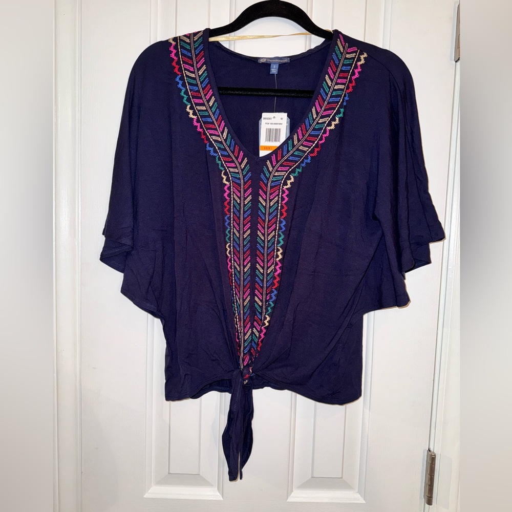 New Democracy eggplant embroidered top,  ties in front, has big flutter sleeves